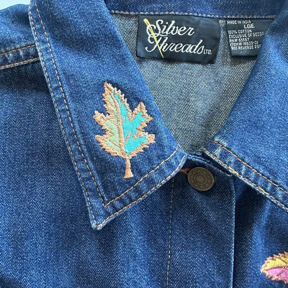90s Y2K Denim Jacket Silver Threads Embroidered Leaf Jean Coat Women’s L Fall - Picture 12 of 15